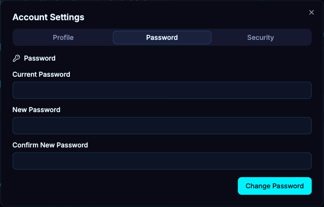 Account Settings → Password separates your current password from the new password and confirmation.