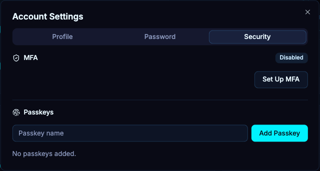 Account Settings → Security contains MFA setup and passkey registration. This example account has not enrolled either method.