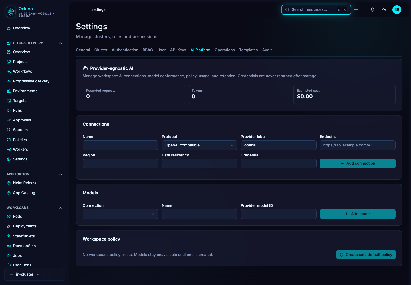 Configure a provider connection, then register a model and establish a workspace policy. This example has no configured connection or available model.