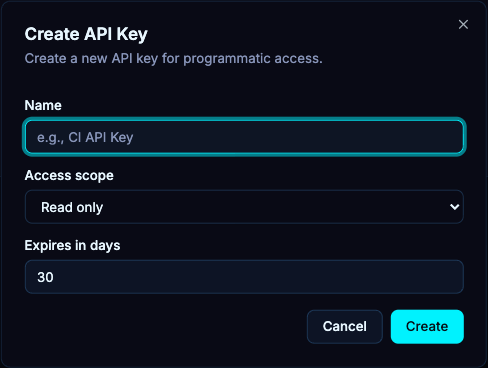Choose the API key’s scope and expiry before creating it. No token has been generated or exposed in this example.