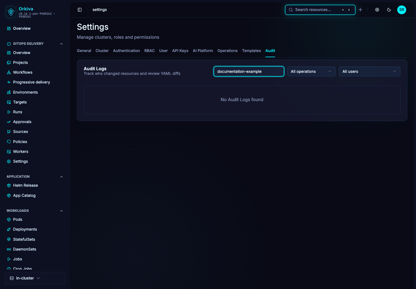 Use the search and operation/user filters to narrow audit records. This example search has no matching events; clear it to broaden the results.
