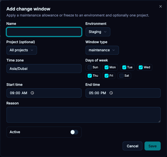 Use a change window to define the affected environment/project, time zone and permitted or frozen interval.