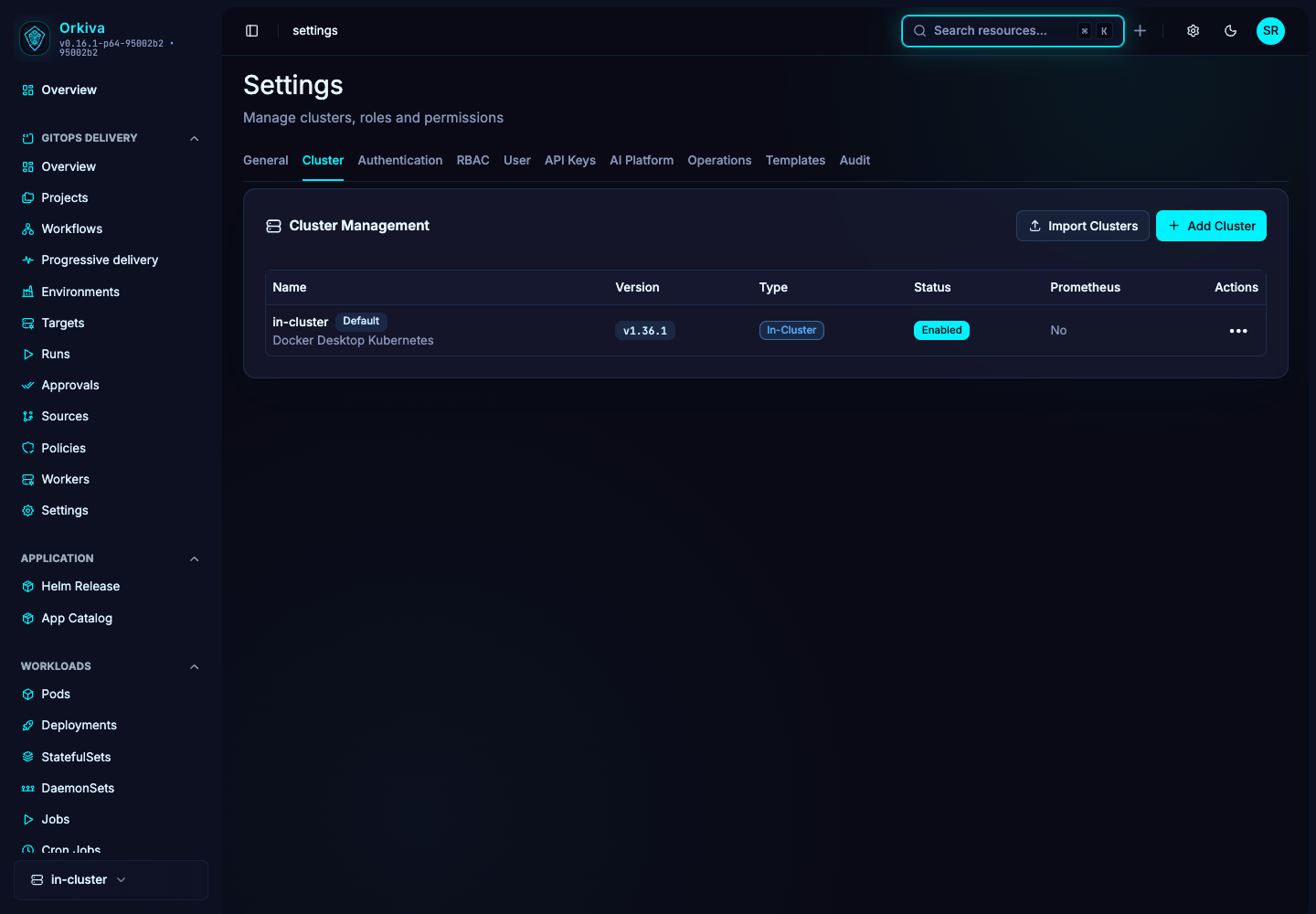 Settings → Cluster lists connected clusters and offers Add Cluster and Import Clusters.