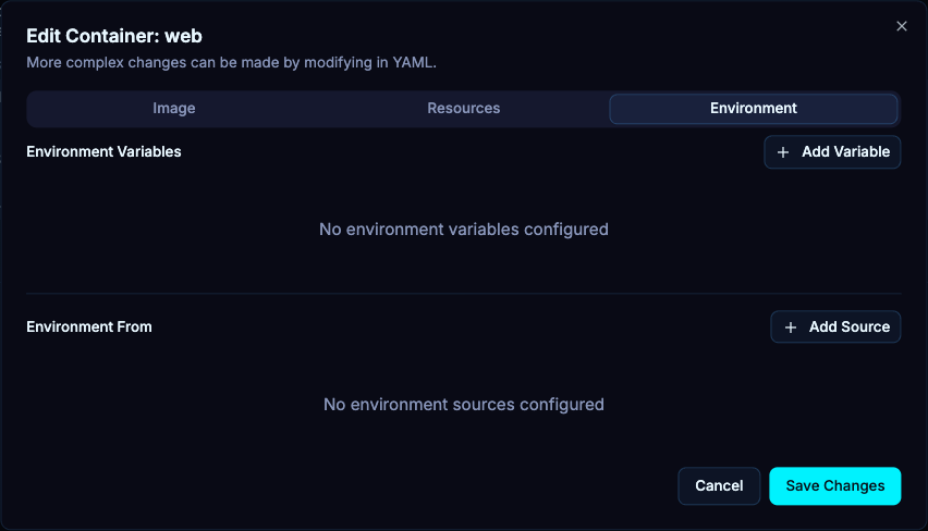 Environment provides the container’s environment configuration controls. Review direct values and references before saving.