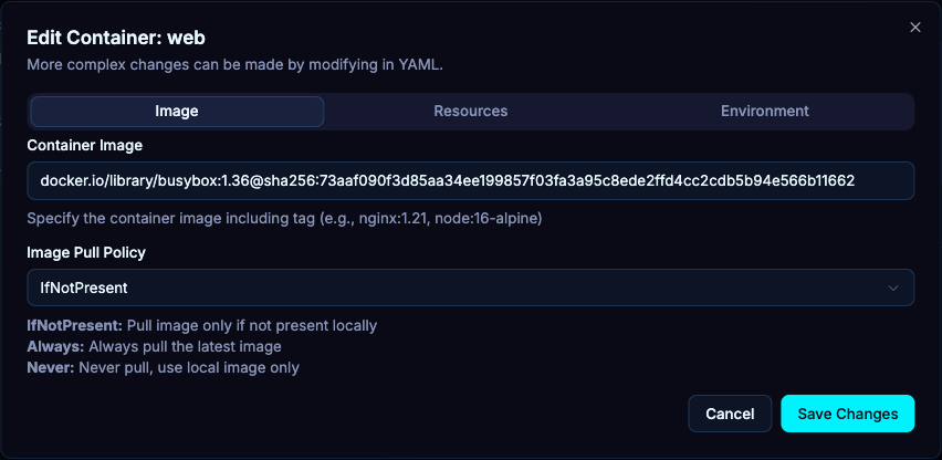 Open the container’s edit control, then use Image to review the image reference and pull policy. Changes remain a draft until saved.