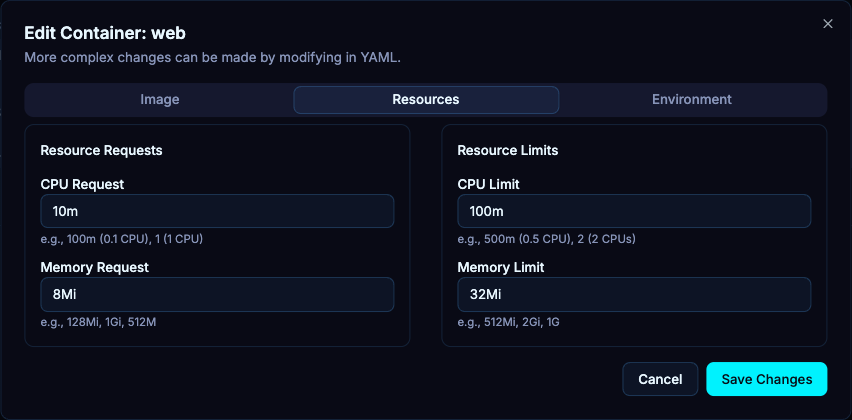 Resources separates CPU and memory requests from limits. Set values appropriate for the workload before saving.
