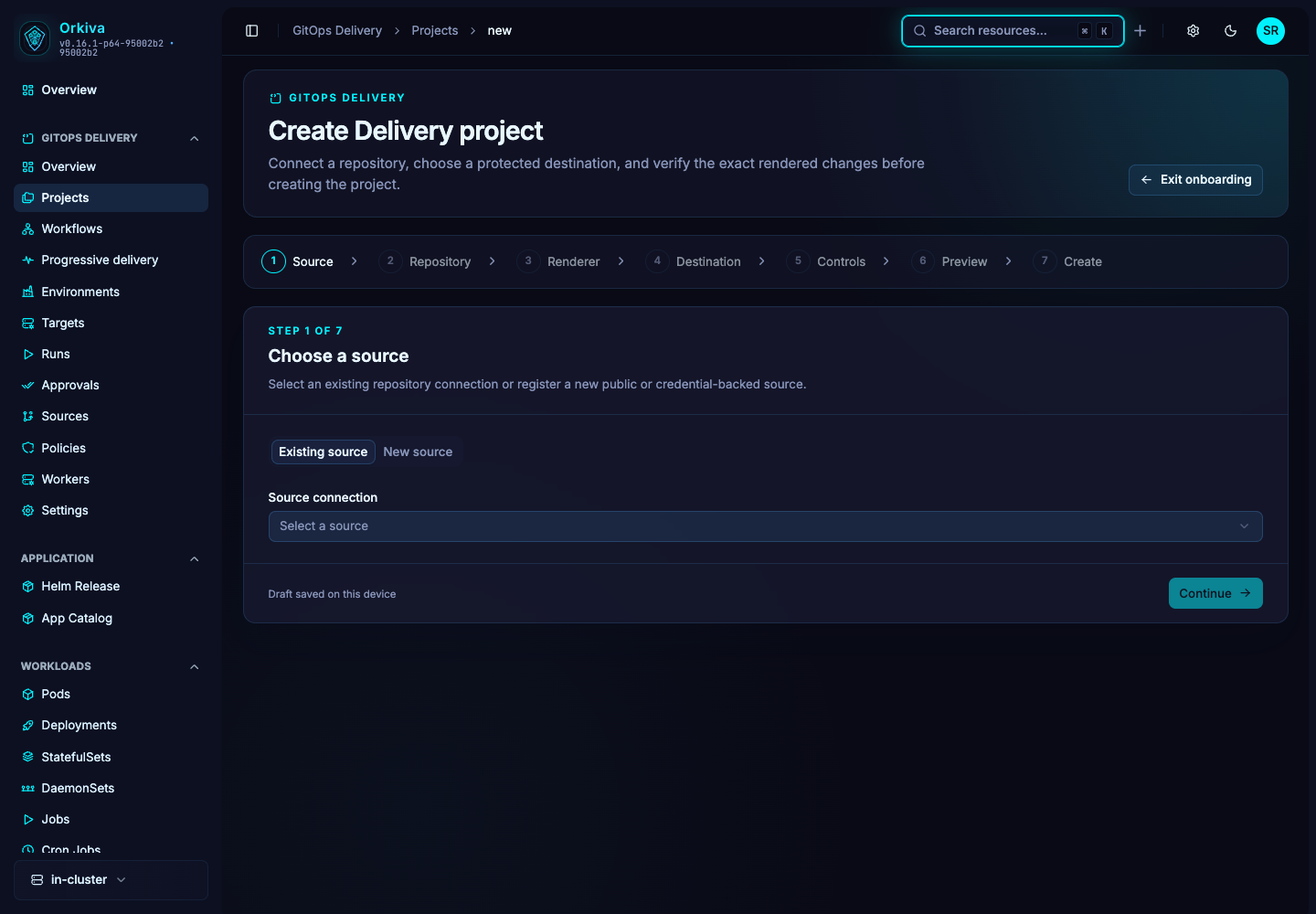 Project onboarding walks through Source, Repository, Renderer, Destination, Controls, Preview and Create. The first step selects or defines the source connection.