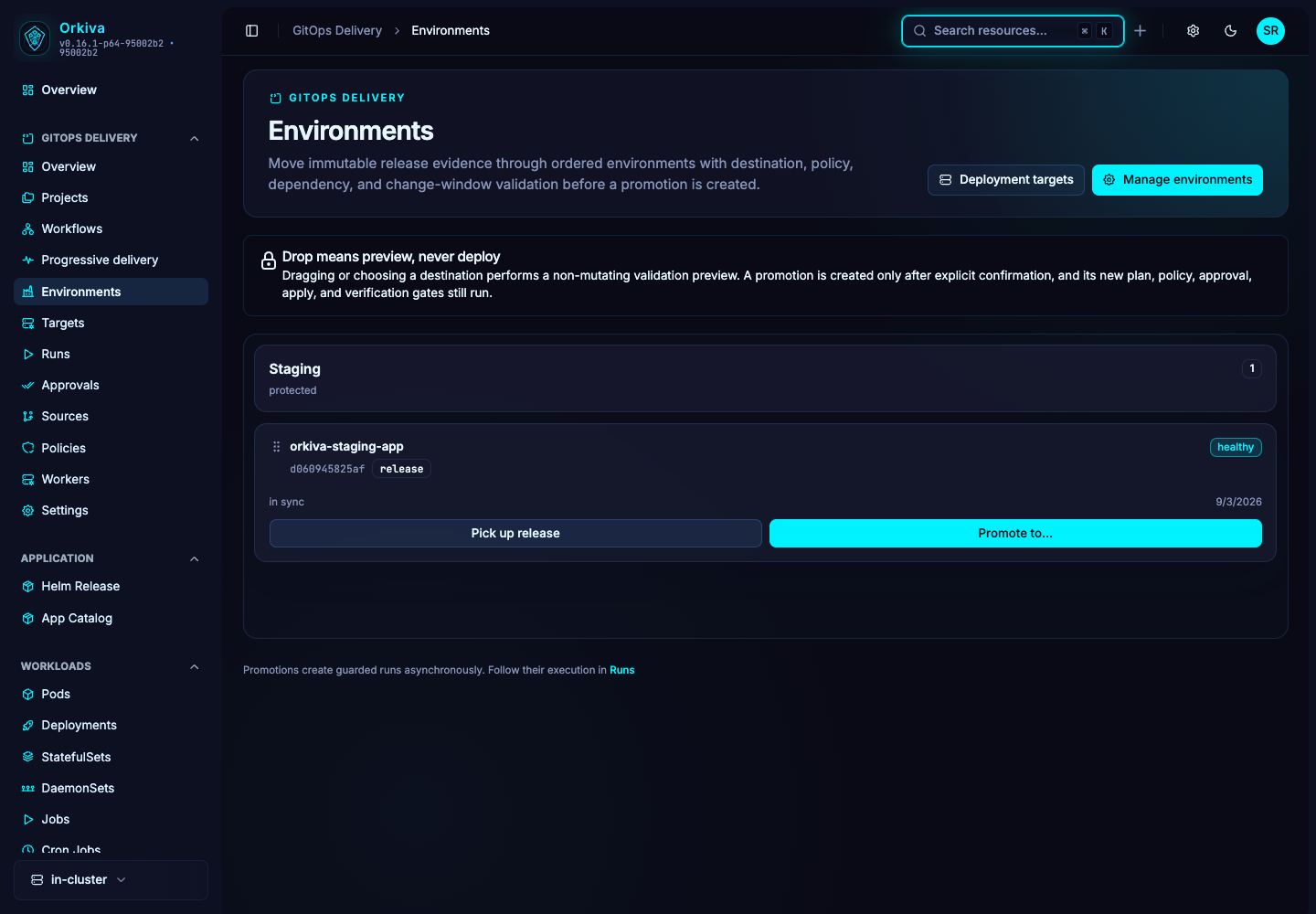 The environment view groups retained releases by destination. Moving a release starts a promotion preview; it does not immediately deploy it.