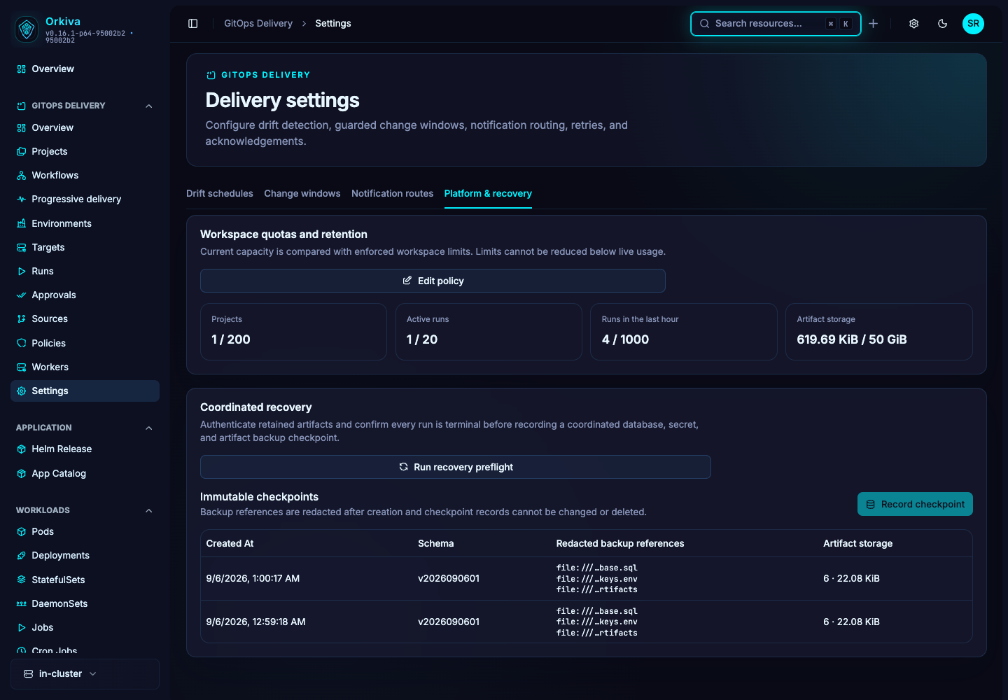 Platform and recovery settings bring workspace usage and operator controls together. Review current values before changing quotas or recovery configuration.