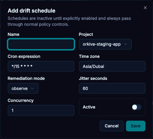 A drift schedule combines a project, cron expression, time zone and remediation mode. New schedules remain inactive until enabled.