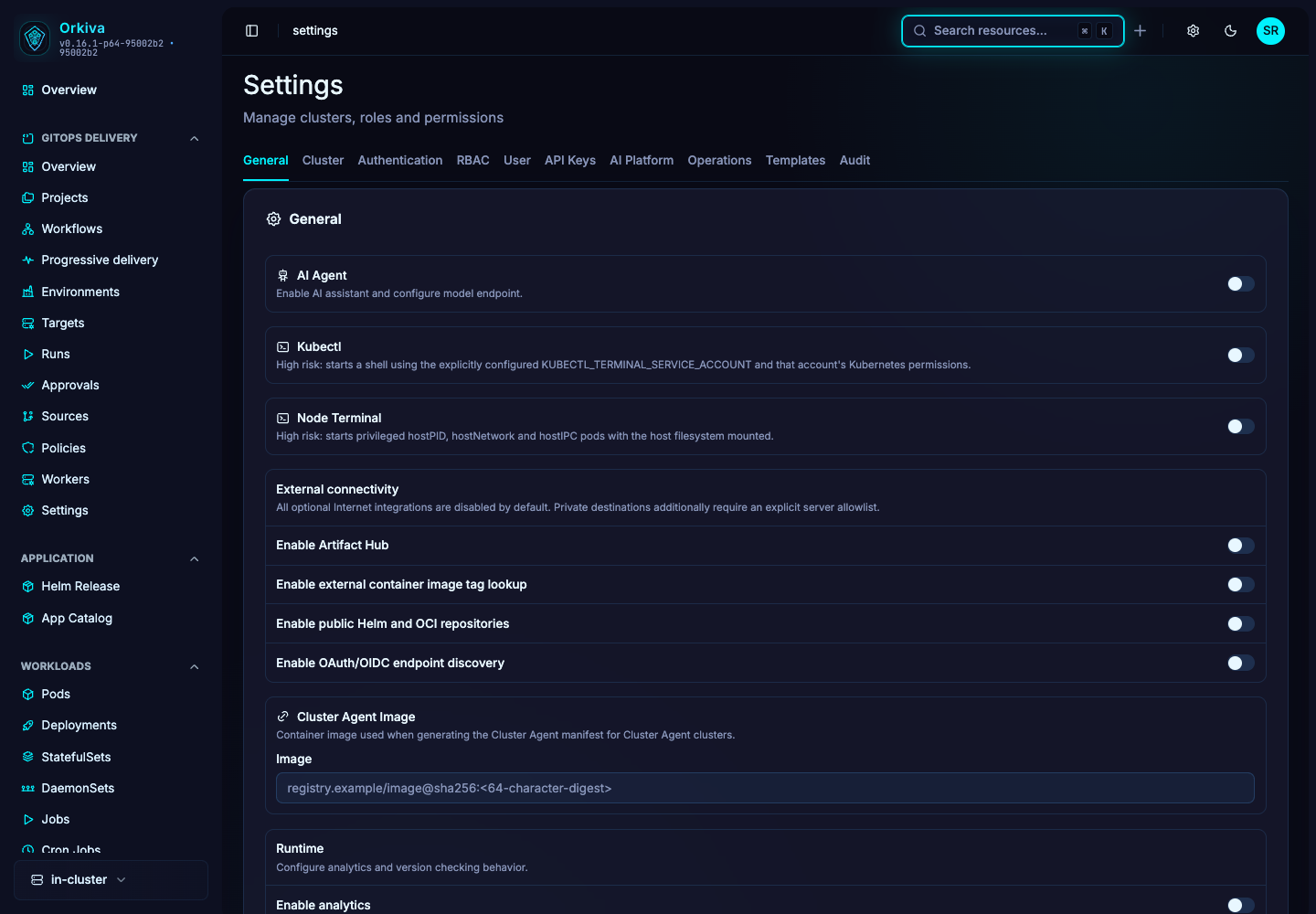General settings group optional integrations and console capabilities. Review the description of each control before enabling it.