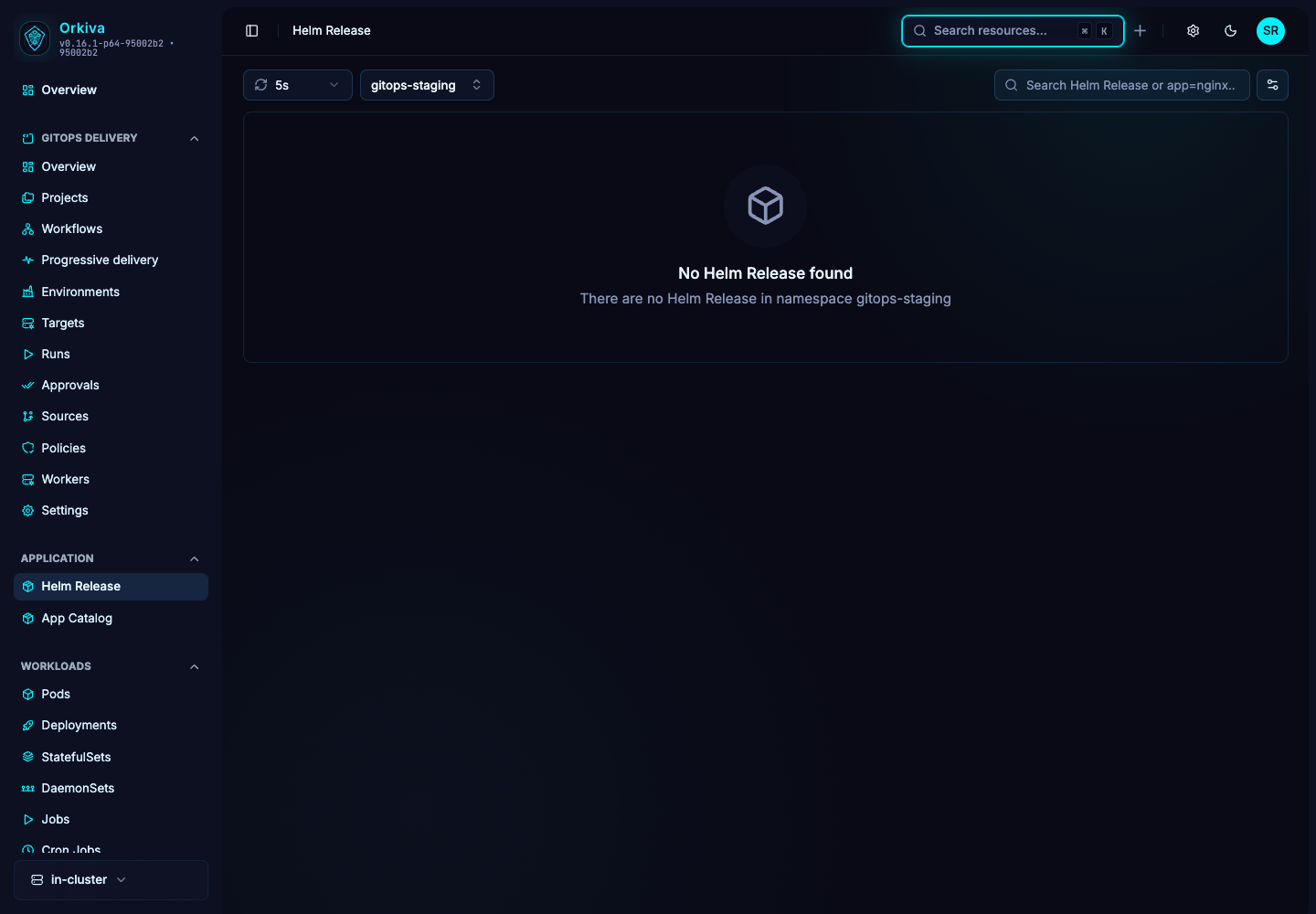 The Helm Release page is scoped by namespace. This demonstration namespace has no Helm releases; select the namespace containing your installation.