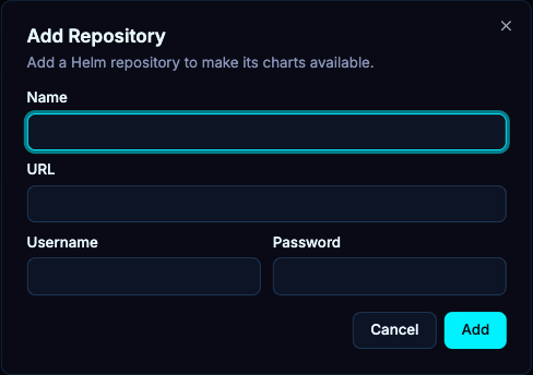 Add Repository requests the chart repository URL and optional credentials. This draft has not been submitted.