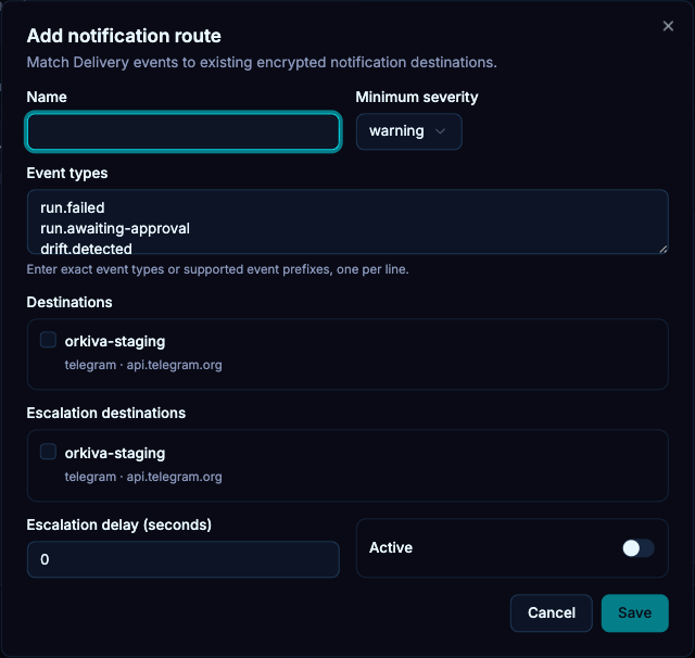 Match event types and severity to existing destinations. Escalation settings select where an unacknowledged event should go next.