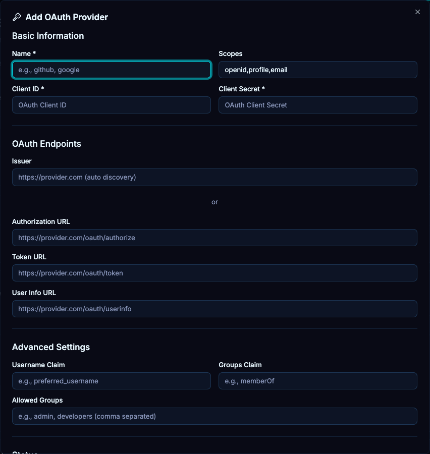 The OAuth provider form groups client settings, discovery or explicit endpoints, identity claims and allowed groups.