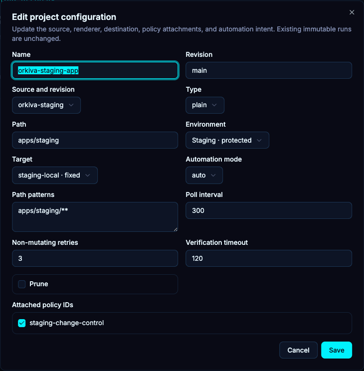 Edit project configuration changes future delivery inputs. It does not rewrite the evidence retained for previous runs.