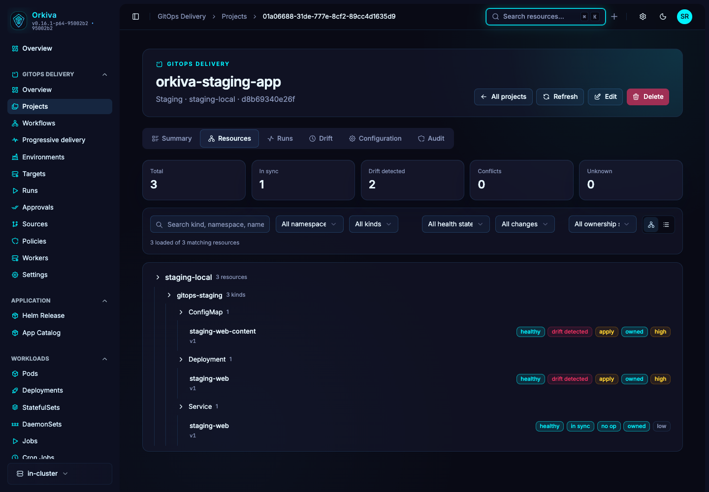 The Resources tab lists retained objects with their health, drift and planned action. Use these signals to decide which object needs closer inspection.