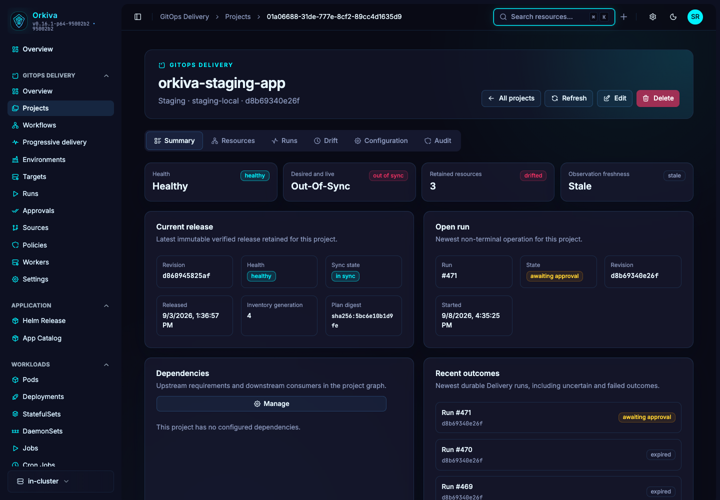 The summary distinguishes the retained release, current desired/live observation and active run. A healthy retained release can coexist with a newer change awaiting approval.