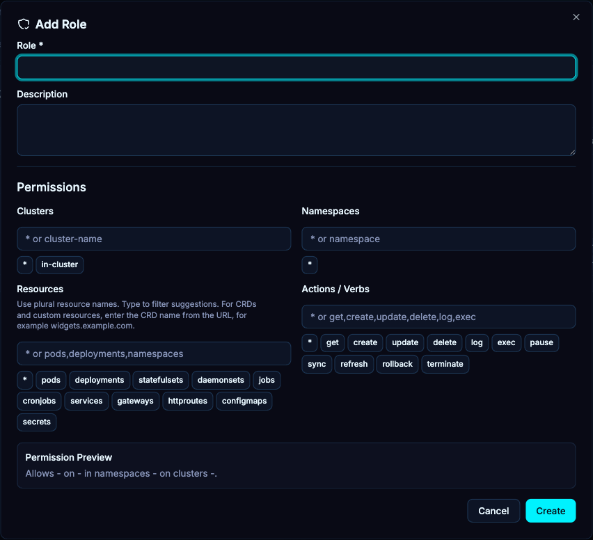 A role combines cluster, namespace, resource and verb scopes. Read the Permission Preview before creating the role.