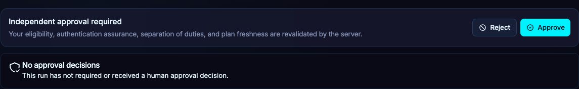 The Approvals panel offers Reject or Approve and displays recorded decisions. The server checks permissions, authentication and plan freshness when a decision is submitted.