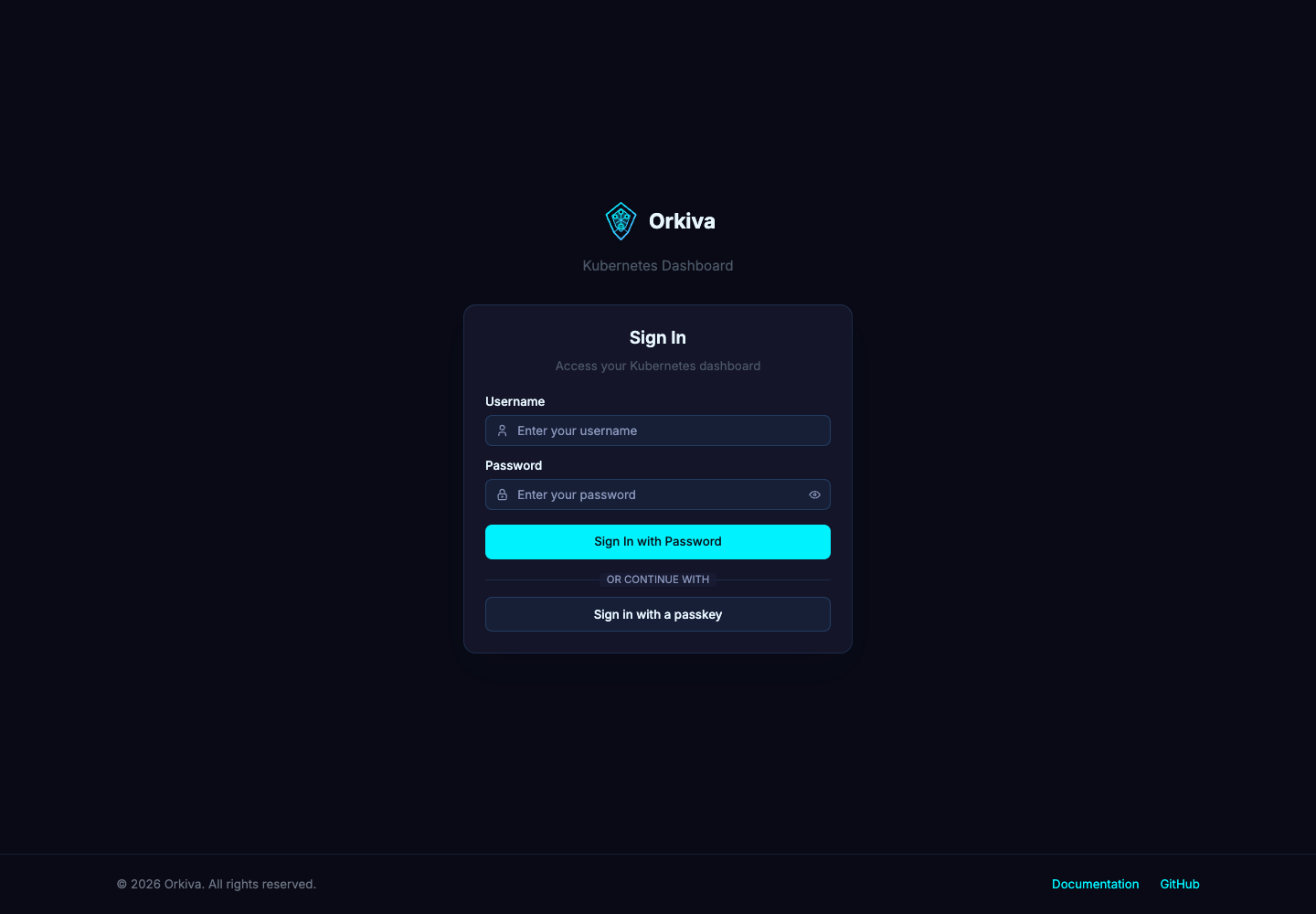 Sign in with the account for your installation. First-run administrator setup is a separate step for installations that have not been initialized.