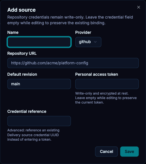 A source combines repository identity, revision and optional credentials. The token field is empty in this unsaved example.